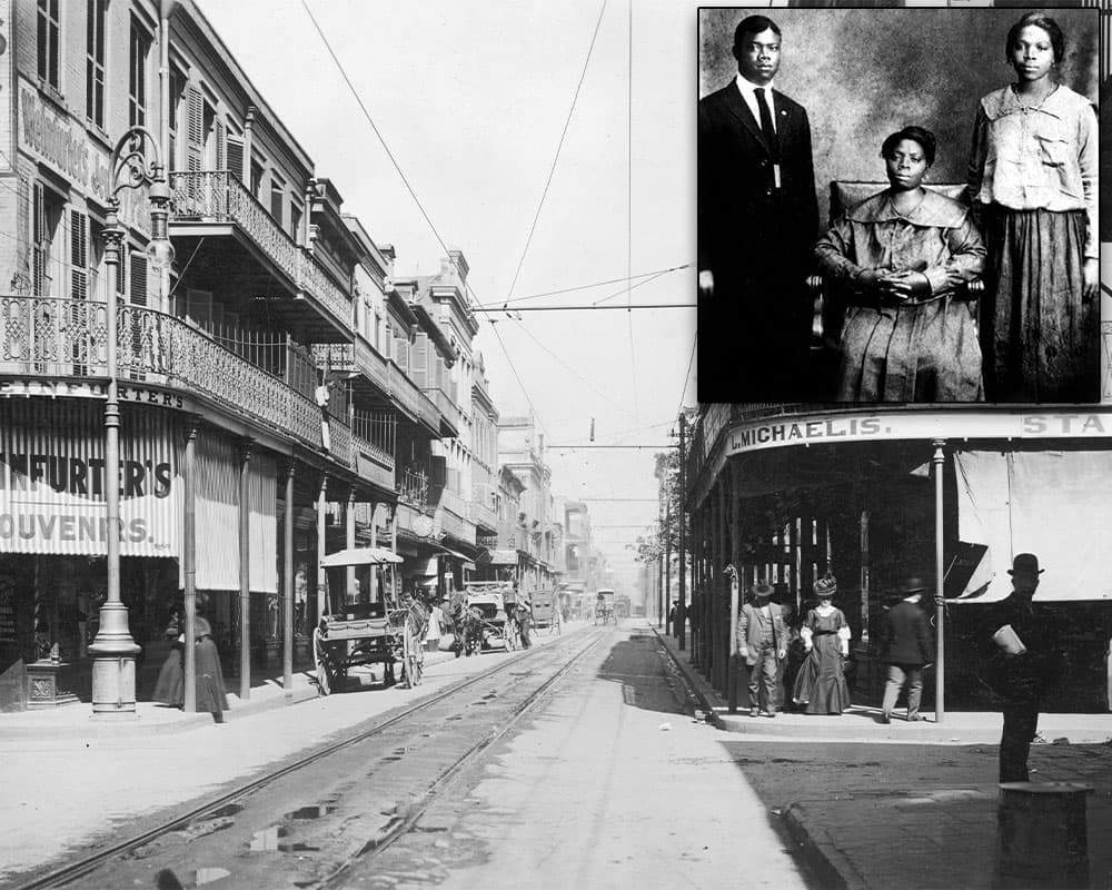 Black & white photo of a New Orleans street in the early 1900s