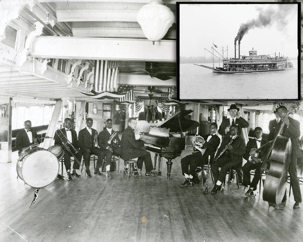Black & white images of the boat Armstrong performed on and image of the musicians he played with