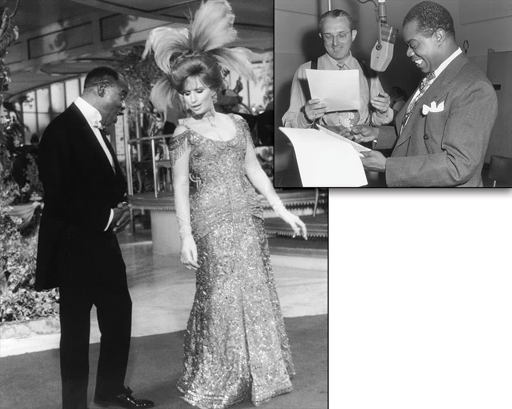 Two black & white images: one of Armstrong acting and the other of him recording a radio show
