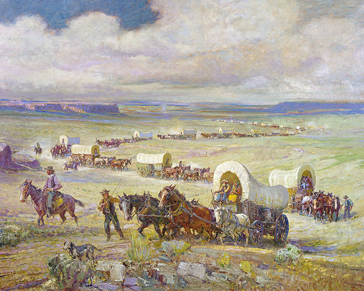 A wagon train stretches to the horizon