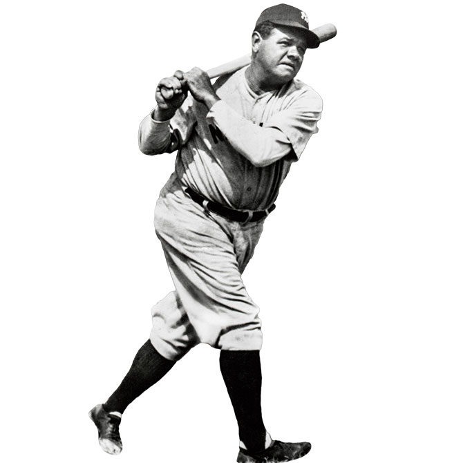 Babe Ruth swings a baseball bat.