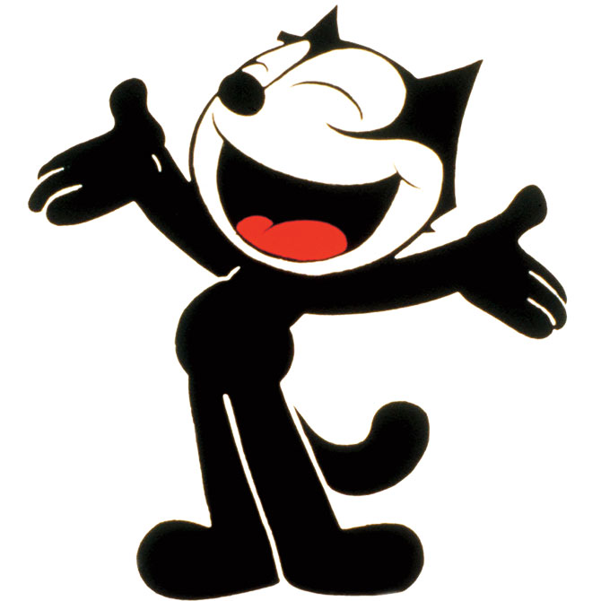 Felix the Cat smiles with his arms outstretched