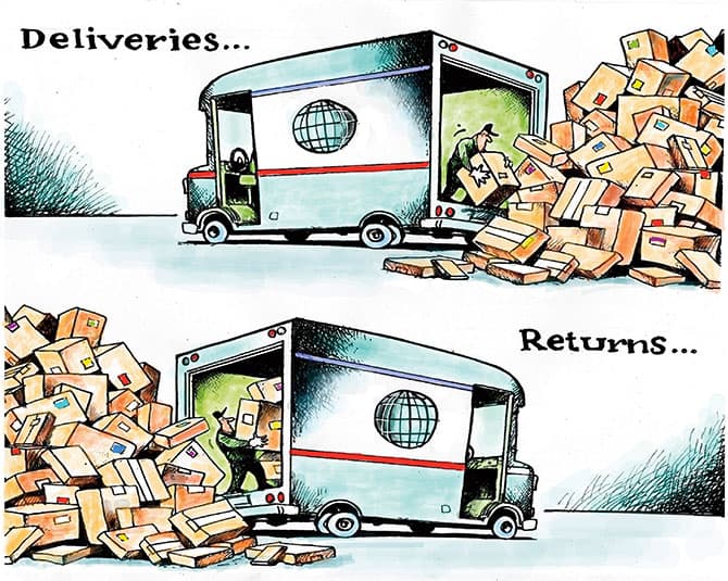A delivery driver picks up a pile of boxes. A pile of return boxes is the same size