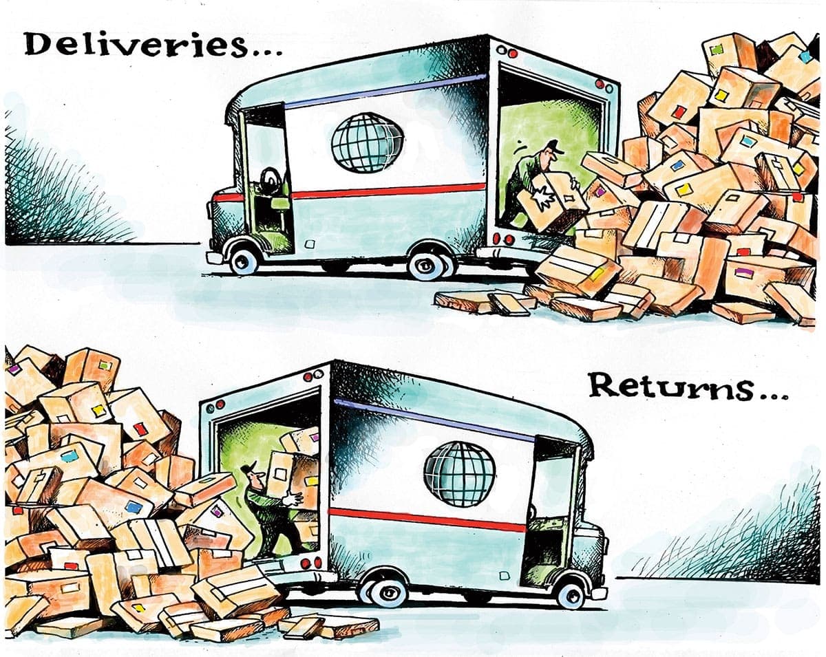 A delivery driver picks up a pile of boxes. A pile of return boxes is the same size