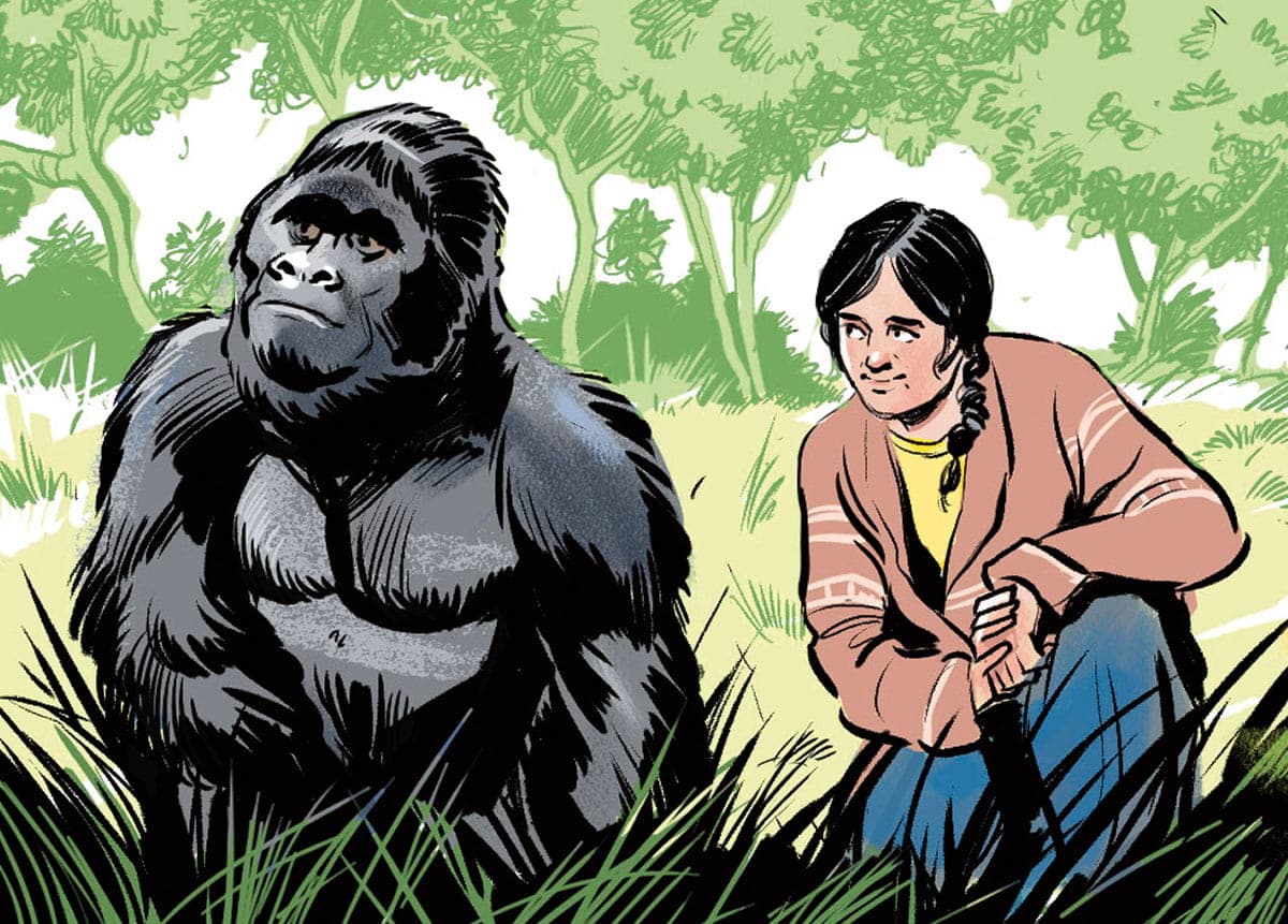 Jane and a gorilla sit together
