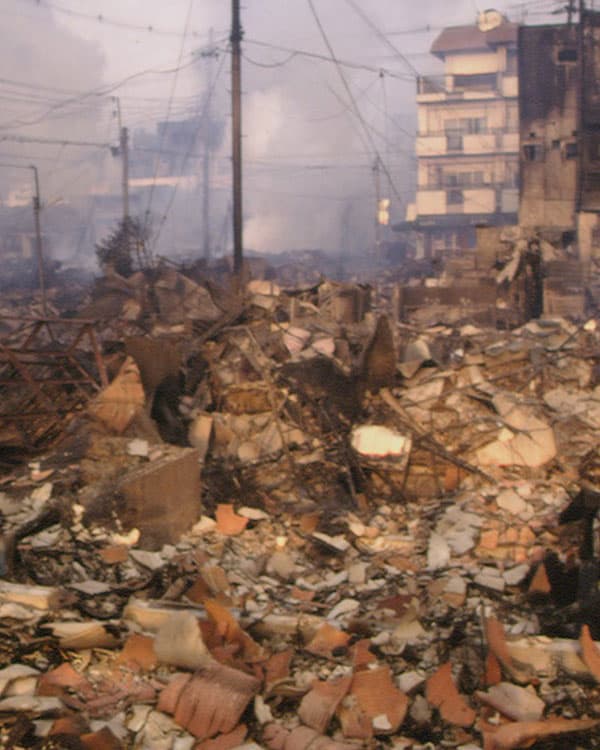 shattered wreckage of a collapsed building