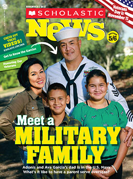 Cover: A man in a sailor uniform with his wife and two kids with the text: Meet a Military Family