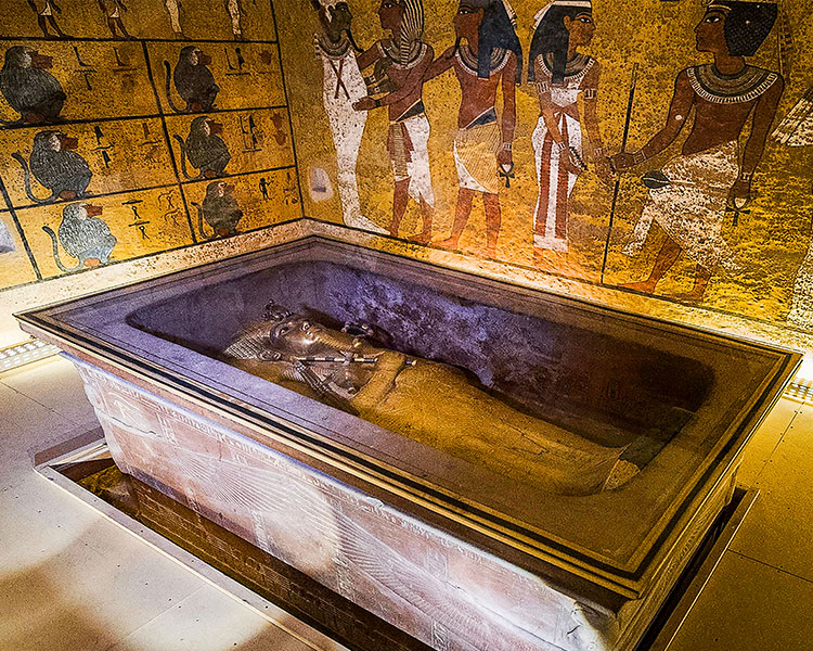 A mummy in its tomb where the walls are covered in paintings of Egyptians 