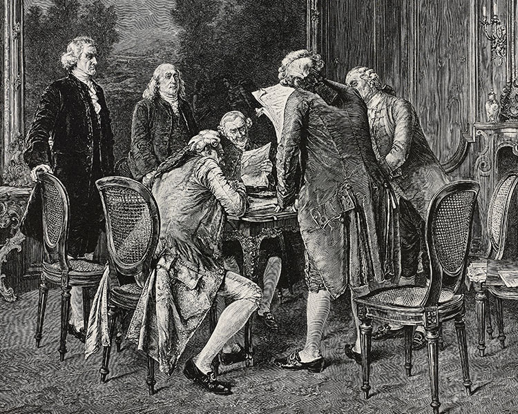 Black & white illustration of men signing a treaty