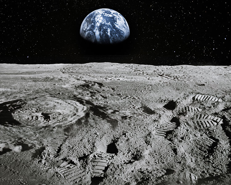 Image of the moon landscape looking outward into space towards Earth