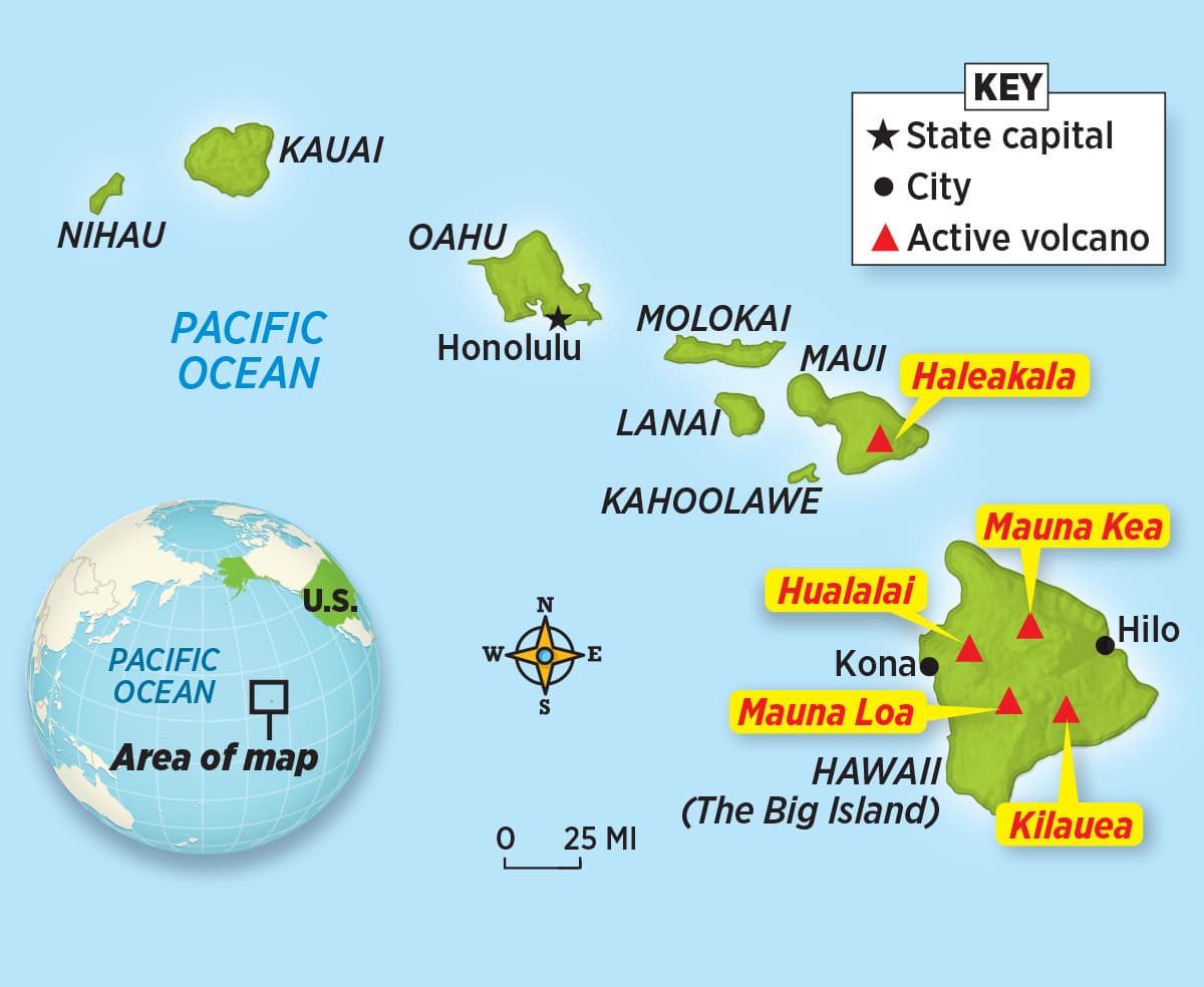 Map showing the locations of different volcanoes in Hawaii