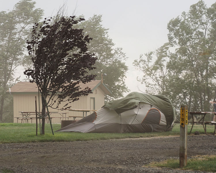 Wind aggressively blowing a tent and trees at a campsite