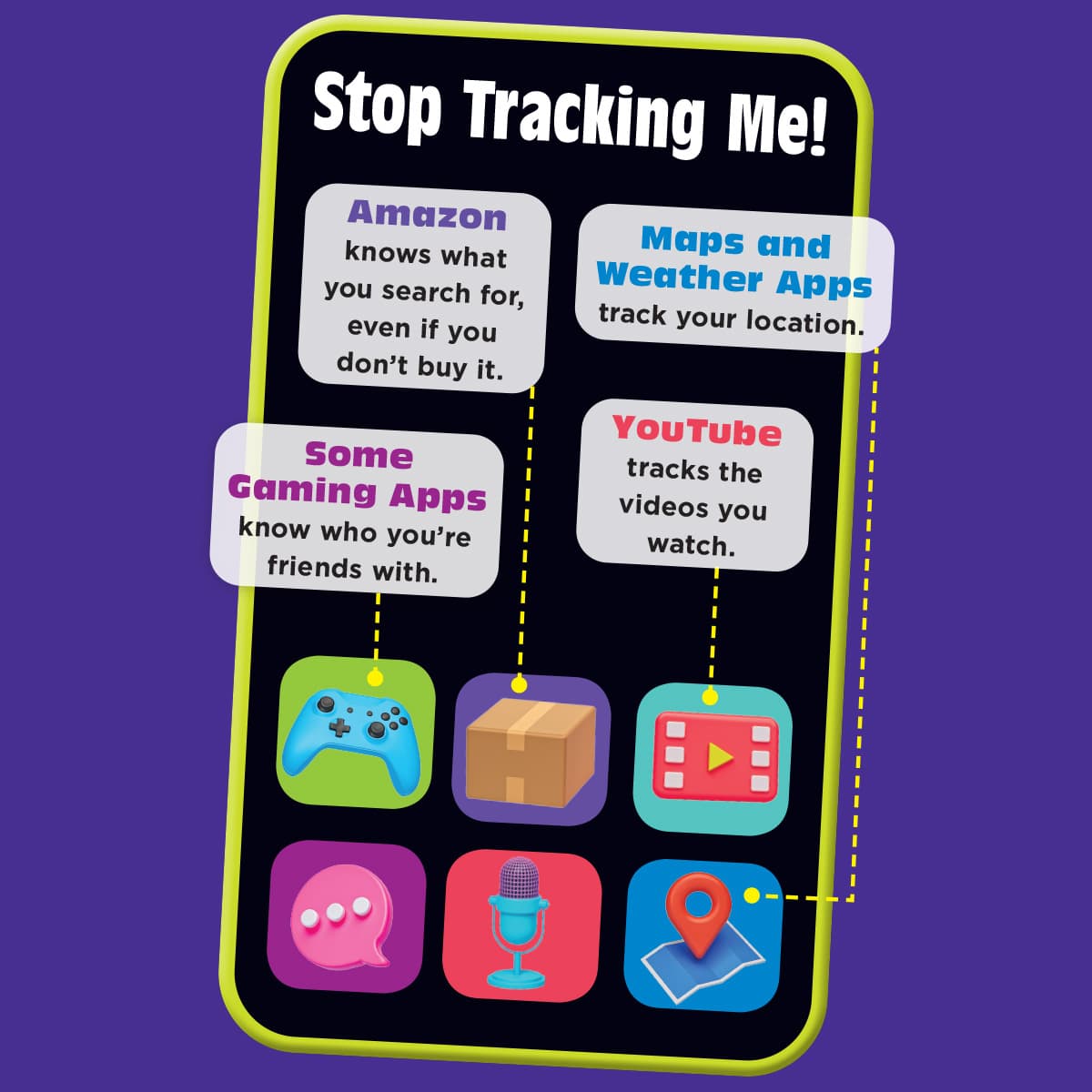 Illustration of a phone showing different apps. Text reads: Stop Tracking Me!
