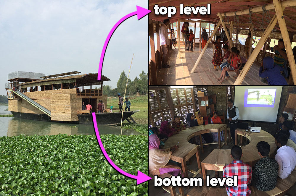 Image of a wooden houseboat. Two other images showing the top level and then the bottom level