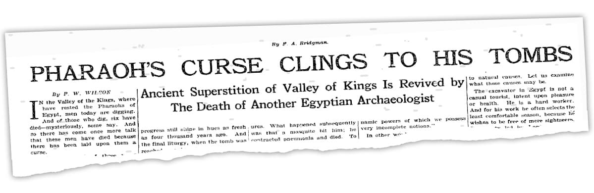 Newspaper clipping with title, "Pharoah&apos;s Curse Clings to His Tombs"