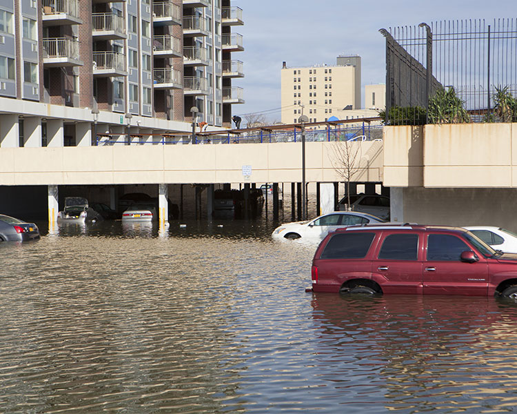 Image of flooding in a city where cars are half submerged in water