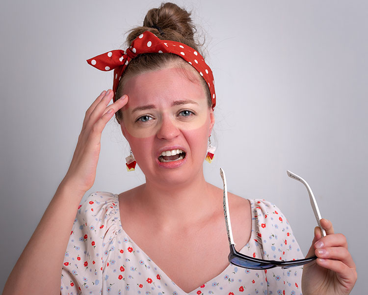 Image of a person with a sunburn on their face except where their sunglasses were