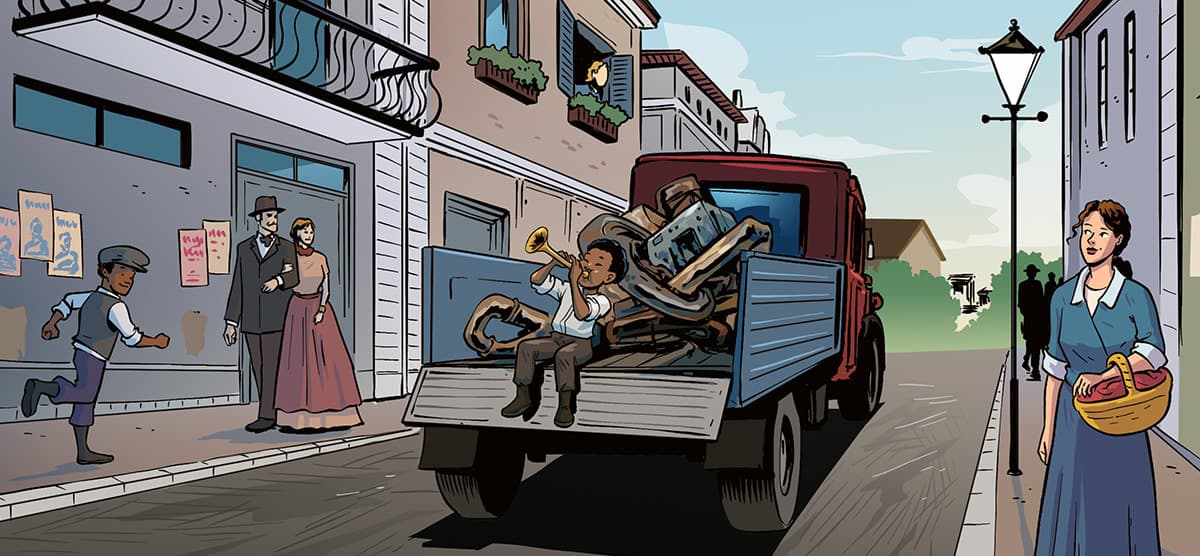 Illustration of a young Louis Armstrong playing trumpet on the back of a truck
