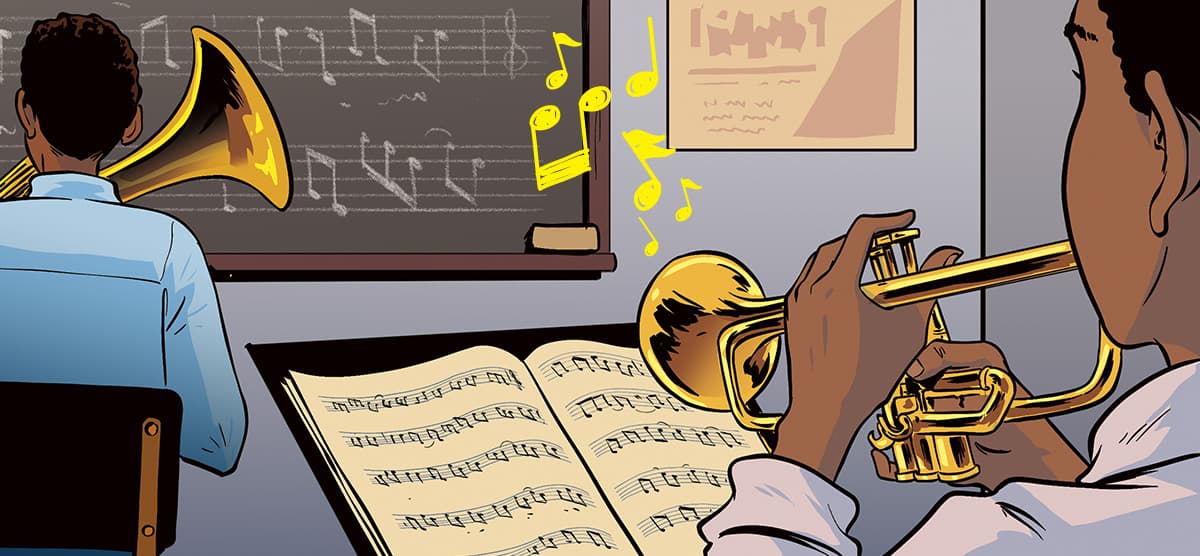 Illustration of Louis Armstrong practicing trumpet when he was younger