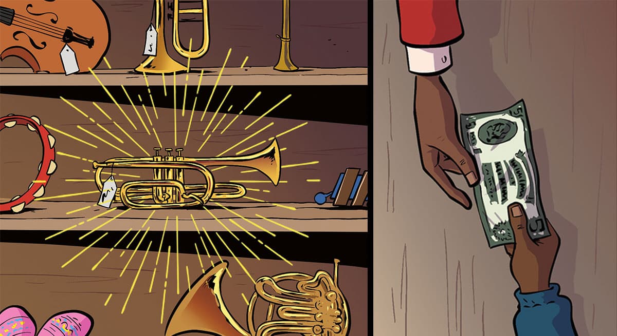 Illustration of Louis Armstrong buying his trumpet