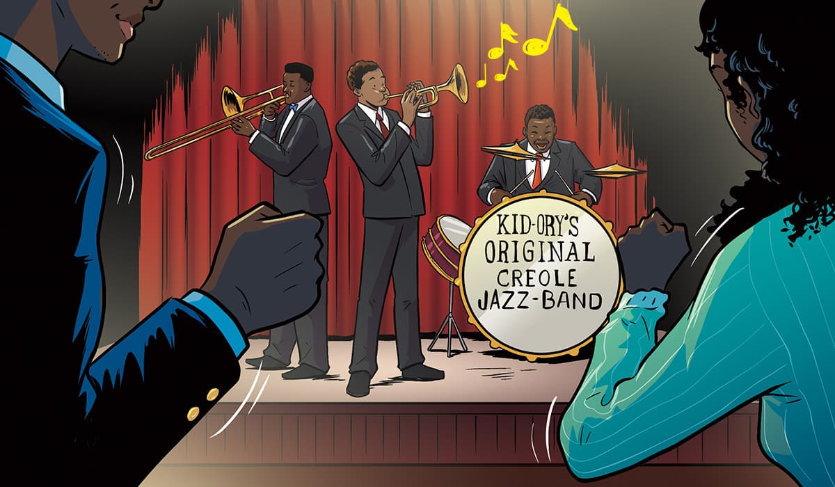 Illustration of a Creole Jazz Band performing on stage while audience dances