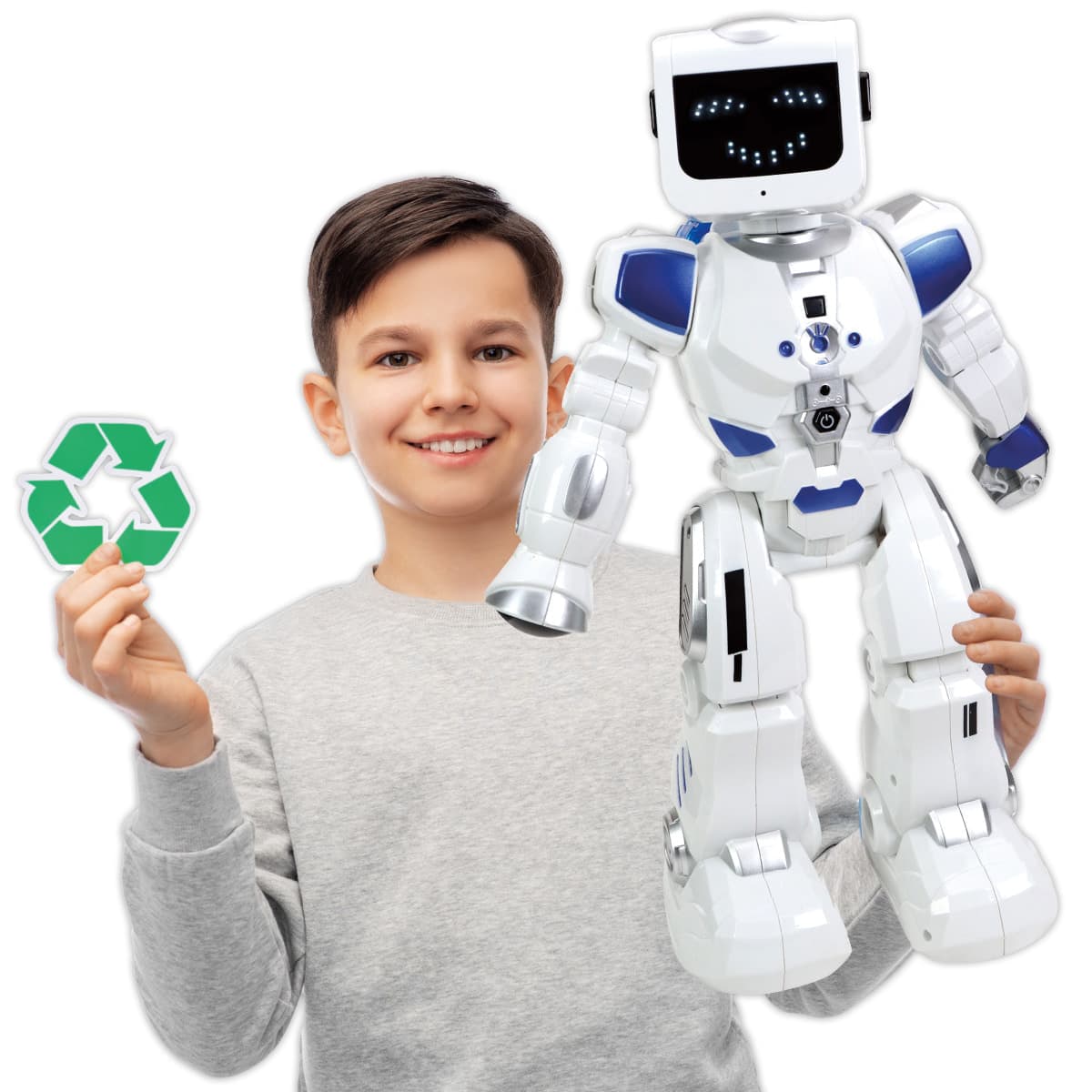 Image of a kid holding a plastic robot toy and recycle sticker