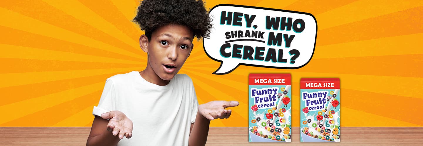 Image of student asking, "Who shrank my cereal?" & standing next to two cereal boxes