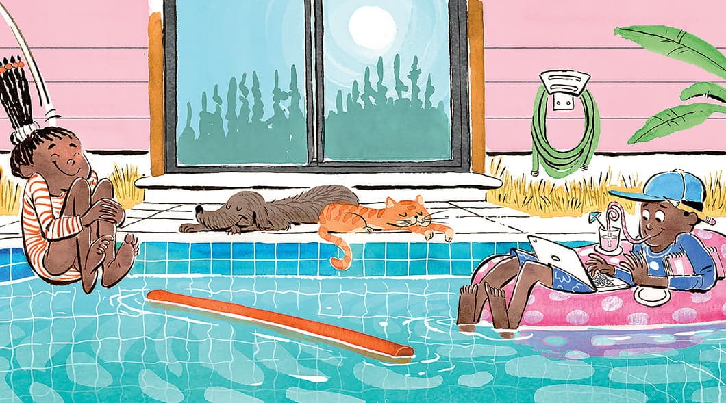 Illustration of two siblings hanging out by the pool in their backyard with their pets