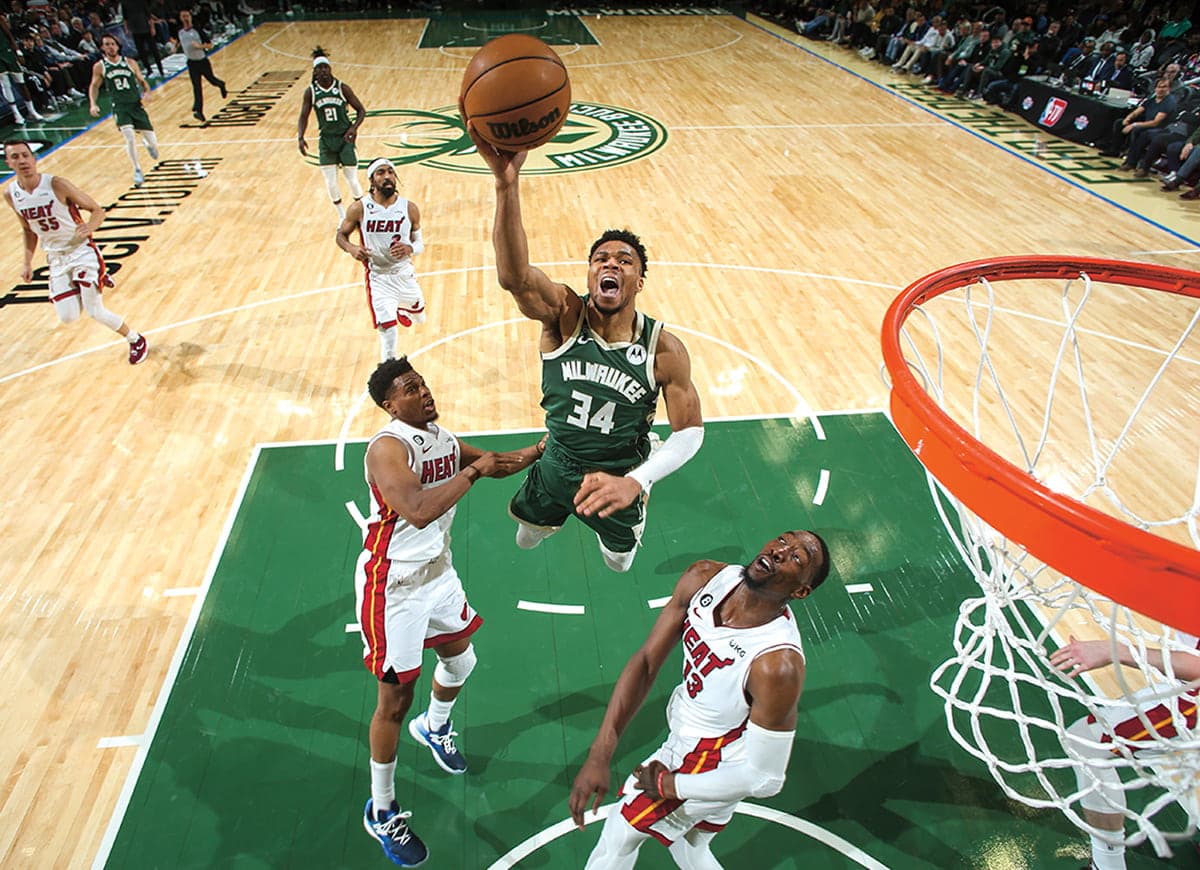 Photo of professional basketball players playing