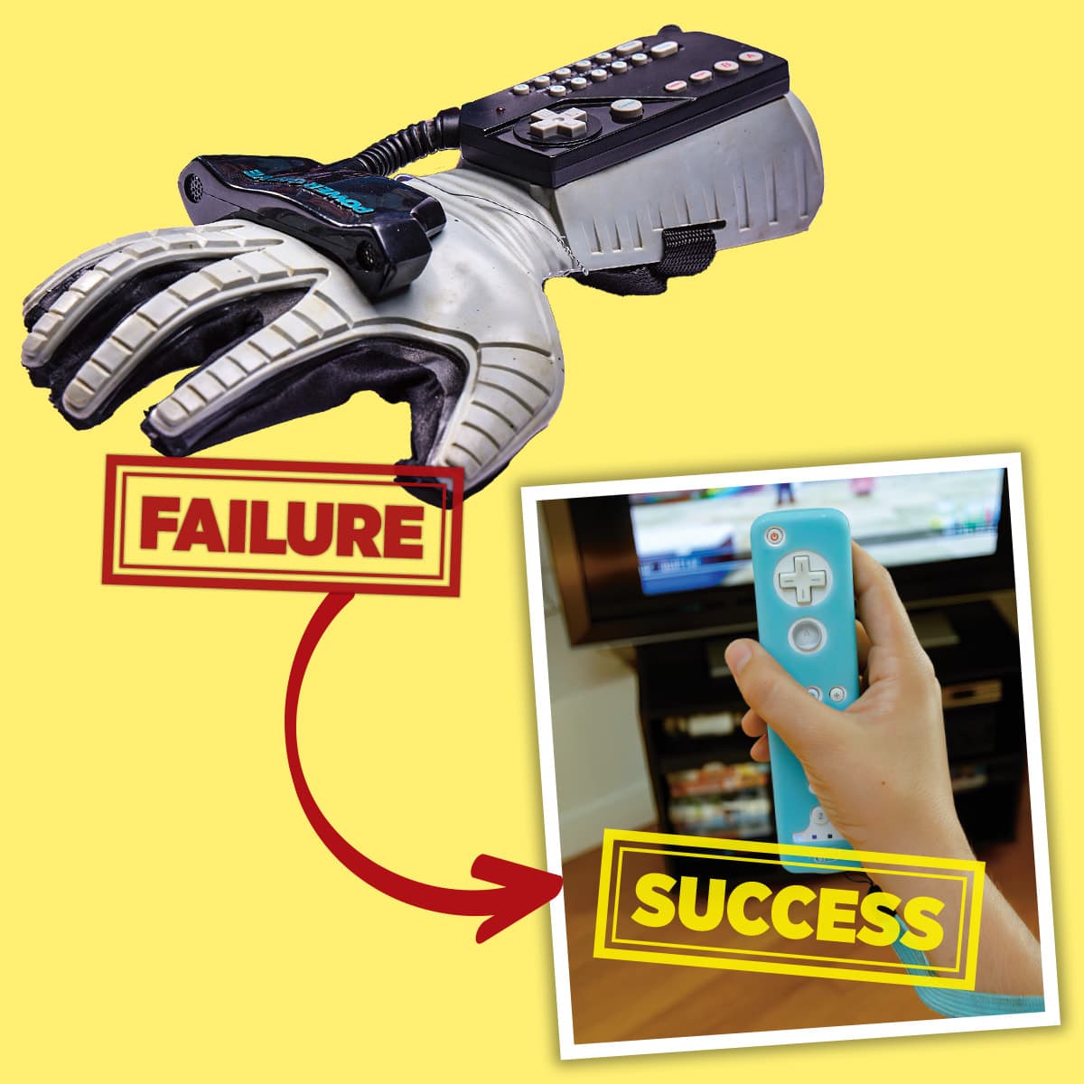 Image showing the power glove as a fail and the nintendo wii controller as a success