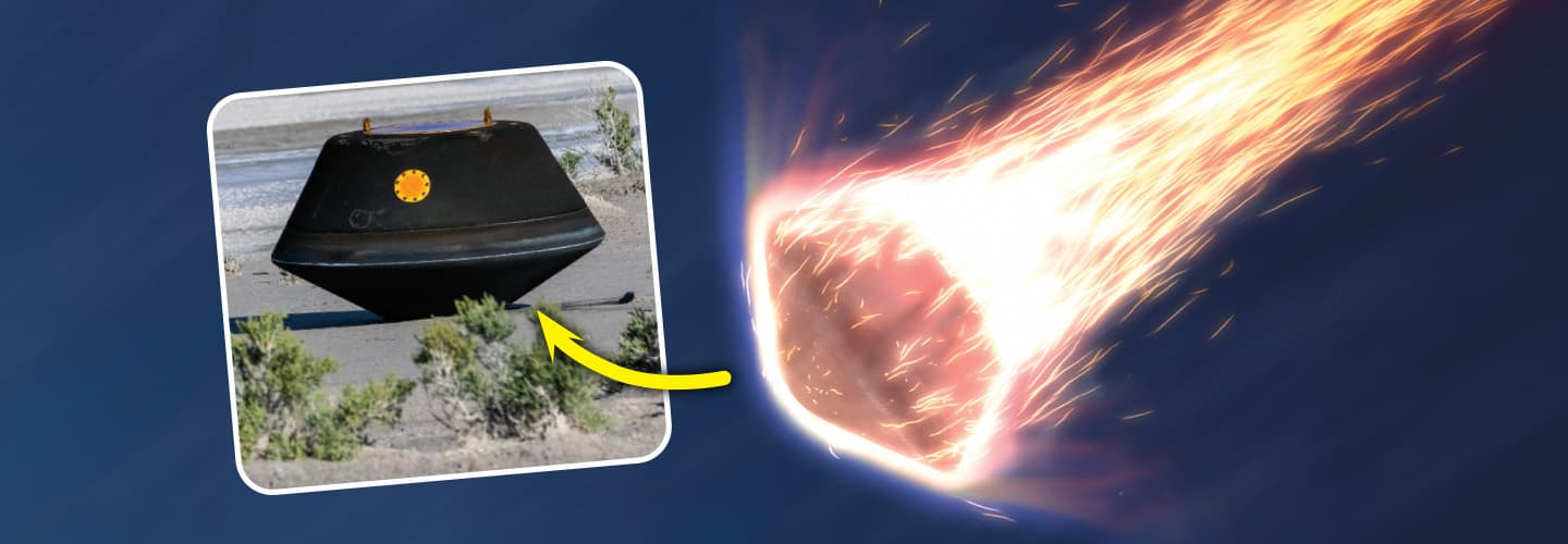 Image of a black piece of equipment in a desert & photo of it falling from space