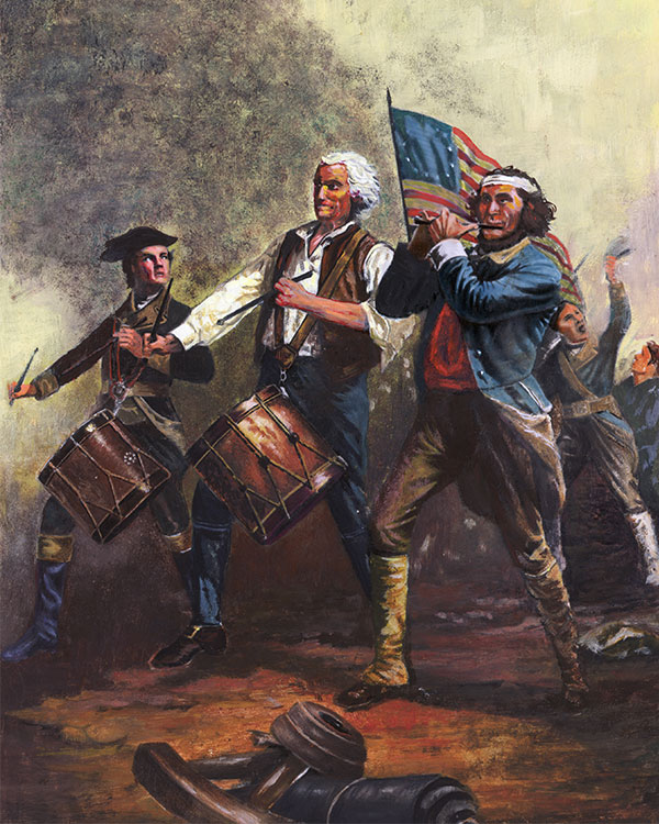 Painting of the American Patriots playing drums and flute